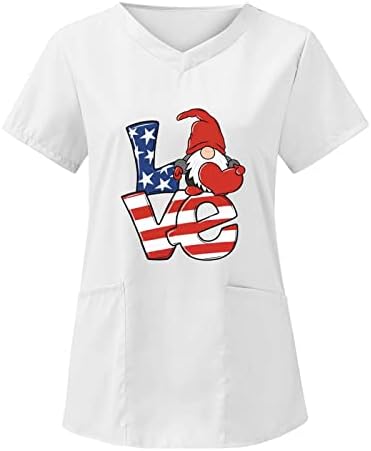 4th Temmuz Kadınlar için Tops Amerikan Bayrağı Yaz Kısa Kollu V Boyun Tees 2 Cepler Bluz Üst Tatil Rahat İş Giysisi