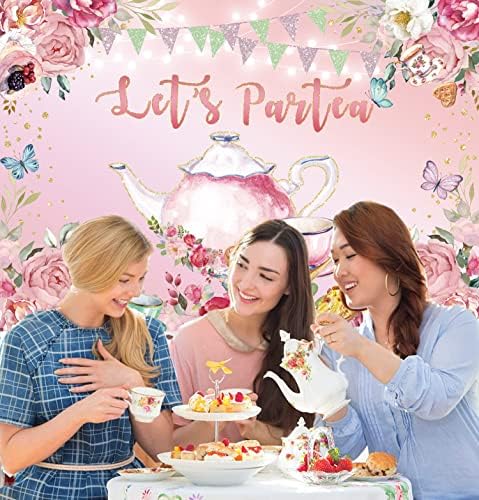 Let's Partea Zemin Bahar Pembe Çiçek Kelebek Glitter Çay Partisi Fotoğraf Arka Plan Tatlı Kız Bahçe İkindi Çayı Doğum