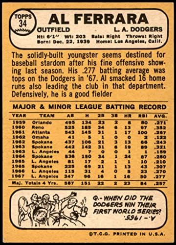 1968 Topps 34 A Al Ferrara Los Angeles Dodgers (Beyzbol Kartı) (Arkası Altın Rengindedir) ESKİ / MT Dodgers