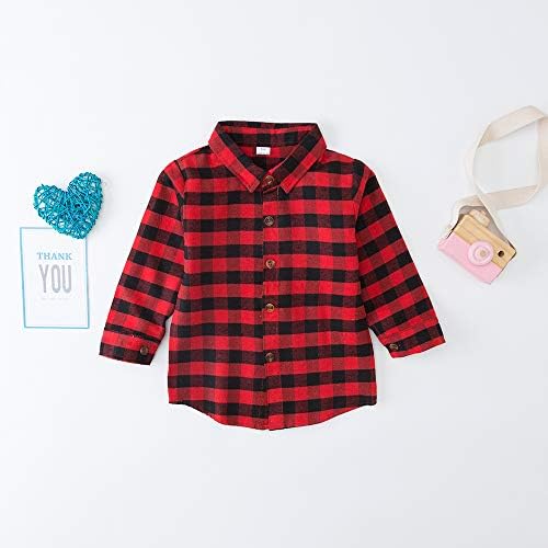 Toddler Bebek Erkek Kız Ekose Gömlek Uzun Kollu Düğme Aşağı Kırmızı Pazen Üstleri Giysi