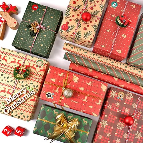 Noel Ambalaj Kağıdı, 12 Yaprak Geri Dönüşümlü Hediye Ambalaj Kağıdı Seti, 70 x 50cm Kraft Ambalaj Kağıdı Etiketleri