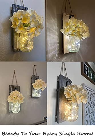 Cam turşu kavanozu Duvar Dekor Rustik Duvar Aplikleri Dekoratif 2 Paket LED peri ışıkları ve çiçekler Çiftlik Evi