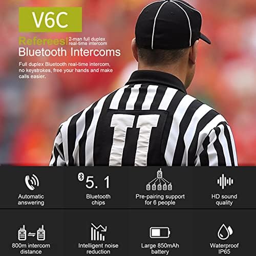 EJEAS V6C 6-Hakem Bluetooth İnterkom, Profesyonel Futbol Hakem Bluetooth İnterkom, İnterkom Mesafesi 1200 M, 2 Paket