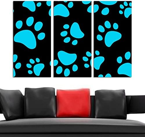 3 Paneller Çerçeveli Tuval Duvar Sanatı Mavi Köpek Kedi Paw Yağlıboya Modern Ev Sanat Asmak için Hazır 12x 24