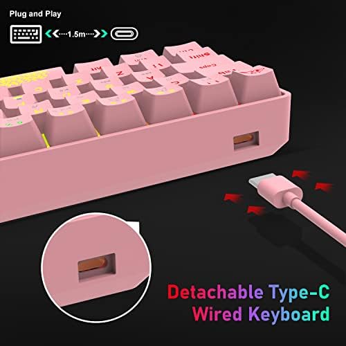 FELICON Taşınabilir 60 % Mekanik Oyun Klavyesi Tipi C Kablolu 62 Tuşları LED USB Su Geçirmez Mini Klavye 20 Chroma