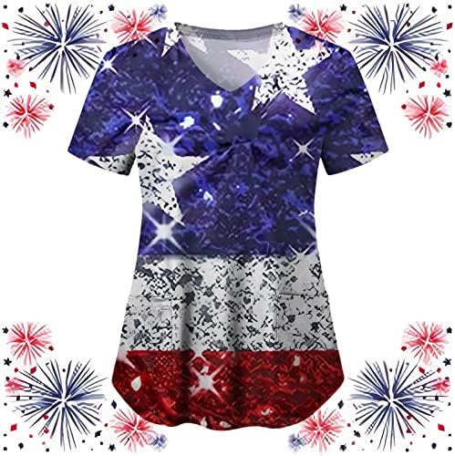 Bayan Üstleri Rahat Şık Amerikan Bayrağı Baskı Vatansever Bluz Yıldız Çizgili Kısa Kollu Dördüncü Temmuz Tshirt