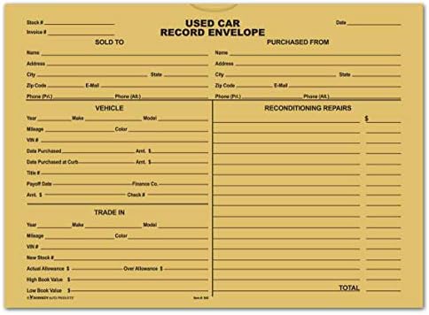 Kullanılmış Araba Kayıt Zarfları-Kullanılmış Araçlar için Anlaşma Ceketleri (Paket başına 100) (Buff)