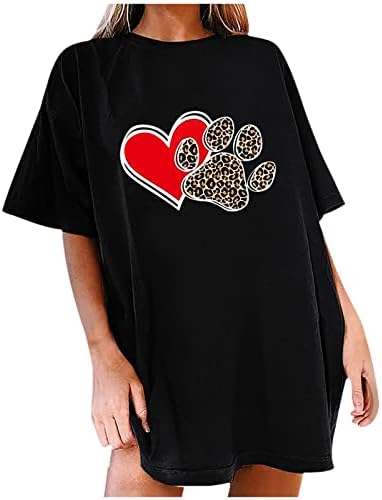 Yağlıboya Kalp Grafik Tişörtleri Kadınlar için Sevimli Köpek Pençe Baskılı Tees Gömlek Sevimli Ekip Boyun Casual Tunik
