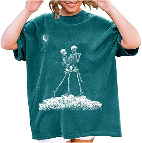 Büyük boy Tişörtleri Bayan Grafik Vintage Cadılar Bayramı Gömlek Kadınlar için İskelet Tişörtleri Kısa Kollu Gevşek