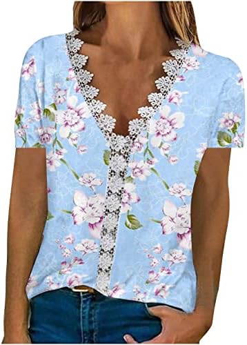 Kadın moda İlkbahar yaz baskılı kısa kollu dantel Trim bluz v yaka Casual bluz Tops