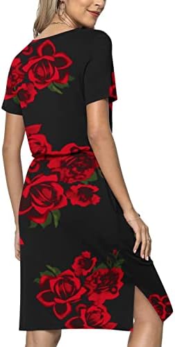 Géneric kadın yaz elbisesi 2023 Gündelik Çiçek Baskı Kısa Kollu Ekip Boyun Bağcıklı Cep Elbise