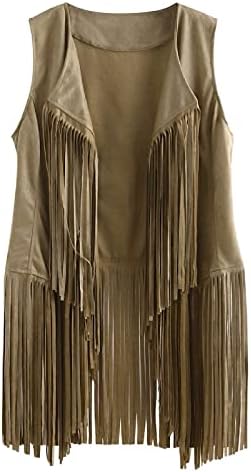 Kadın Püskül kolsuz yelek moda açık ön Hırka yelek 70s Hippi Faux süet saçak ceket