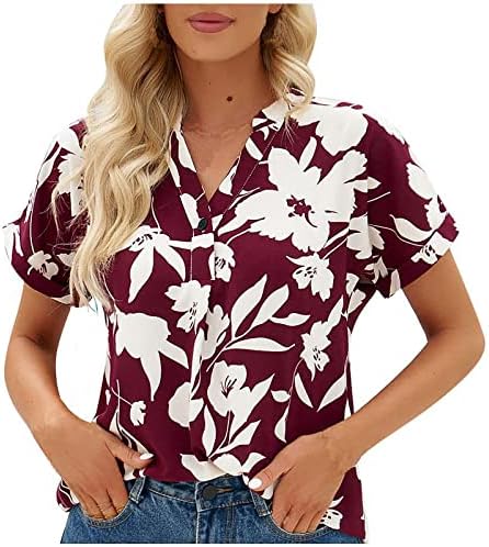V Yaka Çiçek Baskı Üstleri Kadın Yaz Rahat Gevşek T Shirt Rahat Kısa Kollu Düğme Henley Tshirt Bluzlar Tunikler