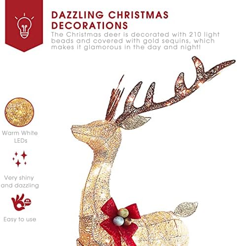 4.6 FT Açık Işıklı Noel Süsleri Geyik Ailesi,Çan Fiyonklu 3 Parçalı Işıklı Noel Ren Geyiği, 240 Sıcak Beyaz LED Işıklı