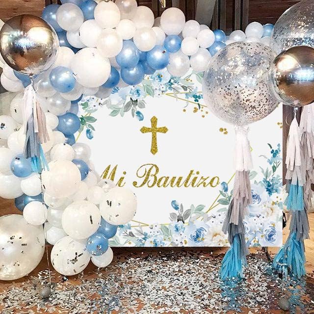 Mi Bautizo Zemin Meksika Vaftiz Parti Süslemeleri 7x5FT Tanrı Korusun İlk Komünyon Arka Plan Mavi Çiçek Çocuk Vaftiz