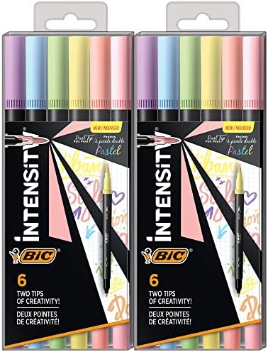 BIC Intensity 12'li Paket Çift Uçlu Boyama Keçeli Kalemleri, 0,7 mm İnce Uçlu ve Pastel Tonlarda Esnek Fırçalı