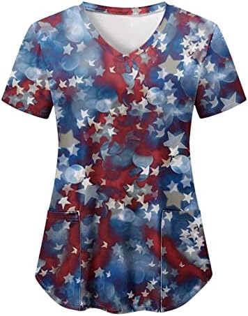 4th Temmuz Gömlek Kadınlar için Abd Bayrağı Yaz Kısa Kollu V Boyun T-Shirt 2 Cepler Bluzlar Tatil Rahat İş Giysisi