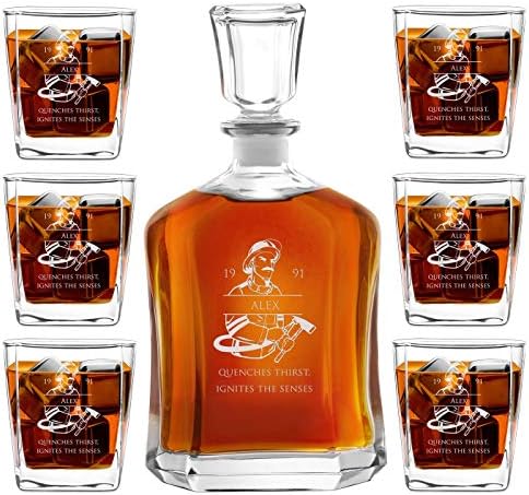 Maverton Viski sürahisi + gravürlü 6 bardak - 23 fl oz. adam için klasik alkollü sürahi-Onun için zarif viski seti-Doğum