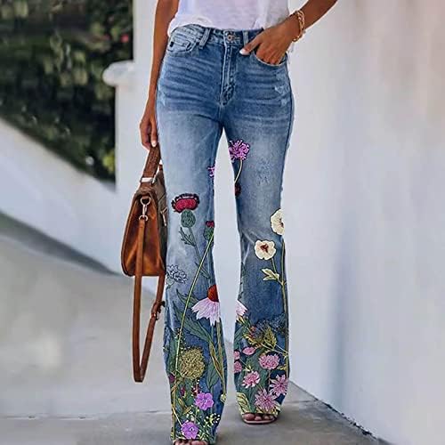 Kadınlar Casual Yüksek Bel Geniş Bacak Kot Düz Şalvar Kot Denim Pantolon Flare Çan Alt Gevşek Çiçek Baskı Kot