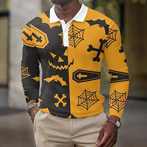 XXBR Cadılar Bayramı polo gömlekler Mens için,Komik Grafik Uzun Kollu İskelet Kabak Golf Üstleri parti giysileri Tasarımcı