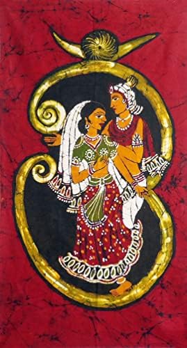 Dollsofİndia Radha Krishna on Om - 35 x 19 inç - Kumaş Üzerine Çok Renkli Batik Boyama - Çerçevesiz (MQ68)