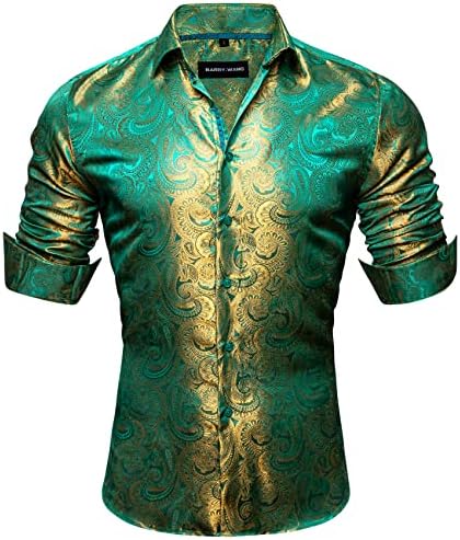 Barry.Wang Erkek Elbise Gömlek Paisley İpek Düğme Gömlek Uzun Kollu Erkekler için Benzersiz Resmi / Rahat Tarzı