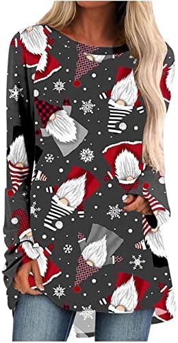 NaRHbrg kadın Üstleri Baykuş Noel Santa Şapka Grafik Tişörtü Patchwork Colorblock Uzun Kollu Ekip Boyun Bluz Tunik