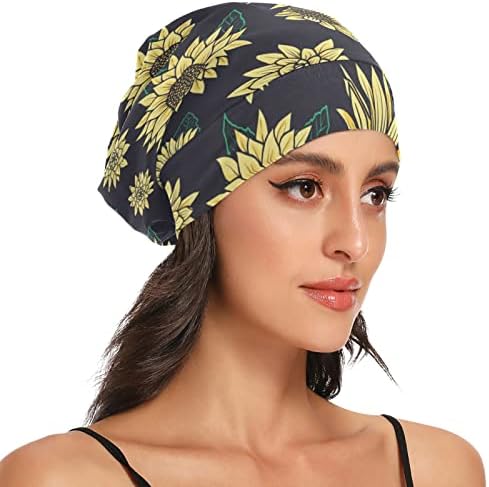 Kadın Bere Şapka Kafatası Çalışma Kap, Vintage Suluboya Ayçiçeği Elastik Moda Şapkalar Gece Uyku Kaput Saç Kapak
