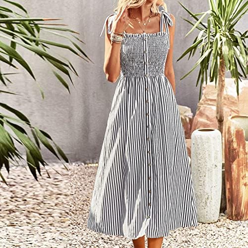 HCJKDU Sundress Kadınlar için Spagetti Sapanlar Kolsuz Önlüklü Düğme Aşağı Şerit Maxi Elbise Rahat Gevşek Tatil Plaj