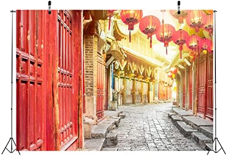 BELECO 5x3ft Kumaş Çin Eski Şehir Zemin Kırmızı Kapılar Kırmızı Fenerler Taş Sokak Arka Plan Çin Yeni Yılı Dekorasyon