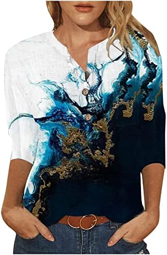 Bayan Sonbahar Üstleri Rahat 3/4 Kollu Bluz Sevimli Batik Baskı Tunik Tee Gömlek Düğmesi Rahat Gevşek Hafif Henley