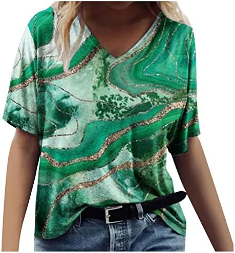 pbnbp kadın Moda Gevşek Fit Gömlek Mermer V Boyun Dışarı Çıkmak Tunik Üstleri Yenilik Baskılı Kısa Kollu Yaz T Shirt