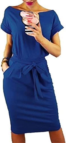 Kadın Yaz Kısa Kollu Crewneck Elbise Temel Katı Kravat Bel Elbiseler Cepler Zarif Rahat Kalem Elbise Kemer ile