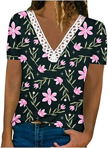 Sonbahar Yaz Kısa Kollu Üst Gömlek Kadınlar için 2023 Dantel Pamuk Derin V Boyun Çiçek Grafik Brunch Tee UQ UQ