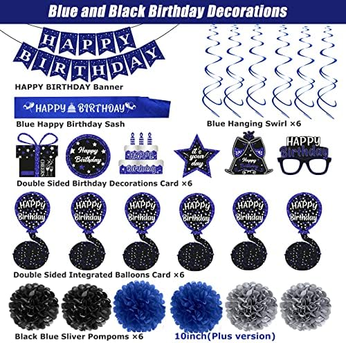 Doğum günü Süslemeleri Mavi Siyah, Mutlu Doğum Günü Parti Süslemeleri için Erkek Kadın Erkek Kız, Mutlu Doğum Günü