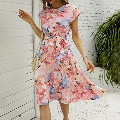 Fragarn Bayan Bahar Modası 2023, Moda Bayan Gevşek Yaz Kısa Kollu Baskılı Yuvarlak Boyun Kravat Pilili Elbise