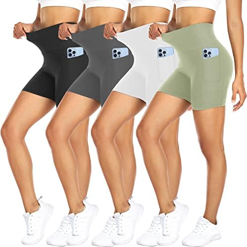 FULLSOFT 4 Paket Biker Şort Cepler ile Kadınlar için – 5 Yüksek Belli Karın Kontrol Egzersiz Yoga Koşu Spor kısa pantolon