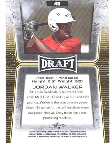 2020 Yaprak Taslak 42 Jordan Walker St. Louis Cardinals (1. Yaprak Kartı) MLB Beyzbol Kartı (RC-Çaylak Kartı) NM-MT