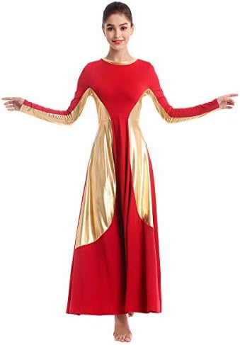 IBAKOM Womens Övgü Liturjik Giyim Uzun Kollu Dans Elbise Metalik Altın Gevşek Fit Tam Boy Tunik Daire Kostüm