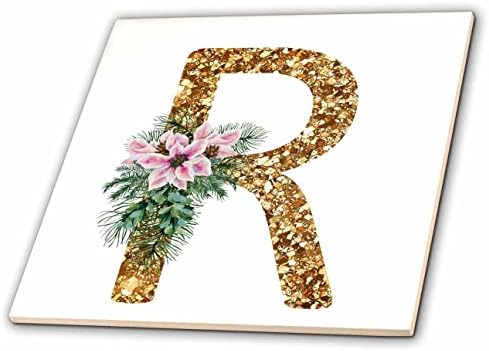 Altın Parıltılı Noel Monogramının 3dRose Pembe Atatürk Çiçeği Görüntüsü İlk R-Fayansları (ct-371641-6)