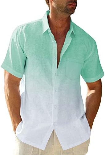 Erkek Degrade Keten Gömlek Casual Düğme Aşağı Kısa Kollu Plaj yazlık gömlek