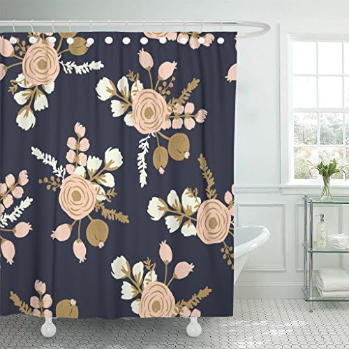 Emvency Duş Perdesi Suluboya Altın Rosa Allık Noisette Modern Gül Çiçek Desen Çiçek Çizilmiş Su Geçirmez Polyester