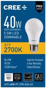 Cree Aydınlatma A19-40W-P1-27K-E26-U1 Pro Serisi A19 40W Eşdeğer (Kısılabilir) LED Ampul, 1 Adet (1'li Paket), Yumuşak