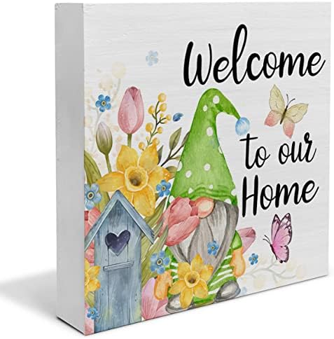 Evimize hoş geldiniz Bahar Ahşap kutu işareti Çiftlik Evi Bahar Hoş Geldiniz Gnome Ahşap kutu işareti Sanat Blokları