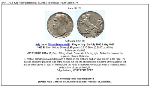 1927 O 1927 İTALYA Kralı Victor Emmanuel III ATLAR AR Ita 10 Lire İyi Sertifikasız