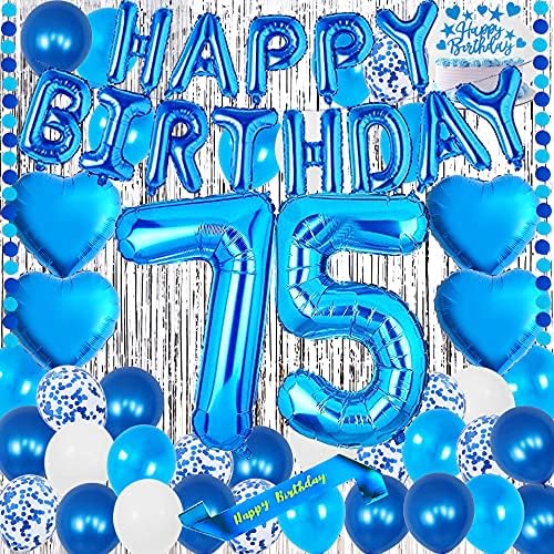 yujıaonly 75TH Doğum Günü Partisi Süslemeleri Mavi Mutlu Yıllar Folyo Balonlar Mavi Numarası 75 Mutlu yıllar Kanat
