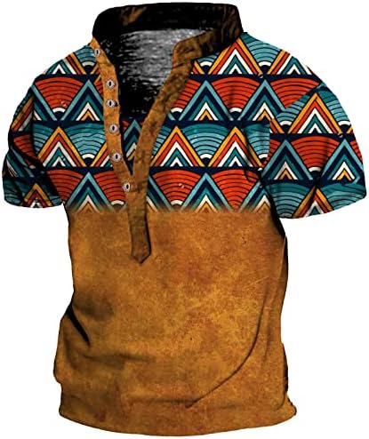 Erkek Aztek Geometrik Henry Gömlek Vintage Kısa Kollu Üstleri Etnik Baskı Atletik Rahat Yaka Düğme Bluz