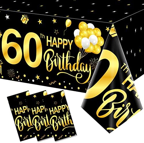 3 Paket 60th Doğum Günü Masa Örtüsü Süslemeleri Erkekler Kadınlar için, Siyah Altın Mutlu Altmış Doğum Günü Tema Masa