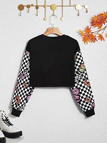 LEWGEL Moda Hoodies & Sweatshirt Kızlar için Genç Kız Kelebek ve Checker Baskı Kırpma Kazak (Renk: Siyah, Boyutu: