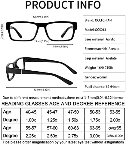 OCCI CHIARI Dar okuma gözlüğü Kadın Kare Reader1.0 1.25 1.5 1.75 2.0 2.25 2.5 2.75 3.0 3.5 4.0 5.0 6.0